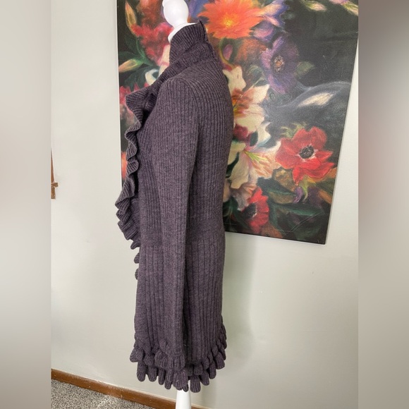 Elisabetta Purple Ruffle Front Long Cardigan Wool Blend Sweater L Made in Italy - Picture 2 of 8